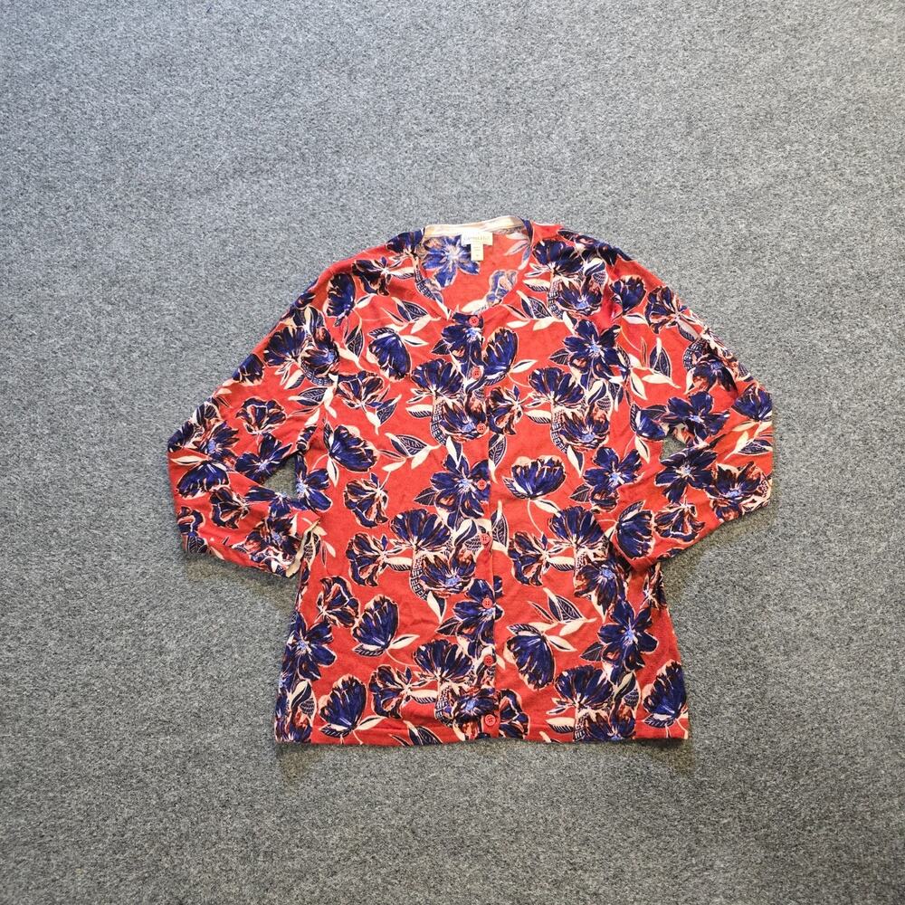 Garnet Hill Cardigan Womens Size Medium Orange Floral Merino Wool Sweater Casual